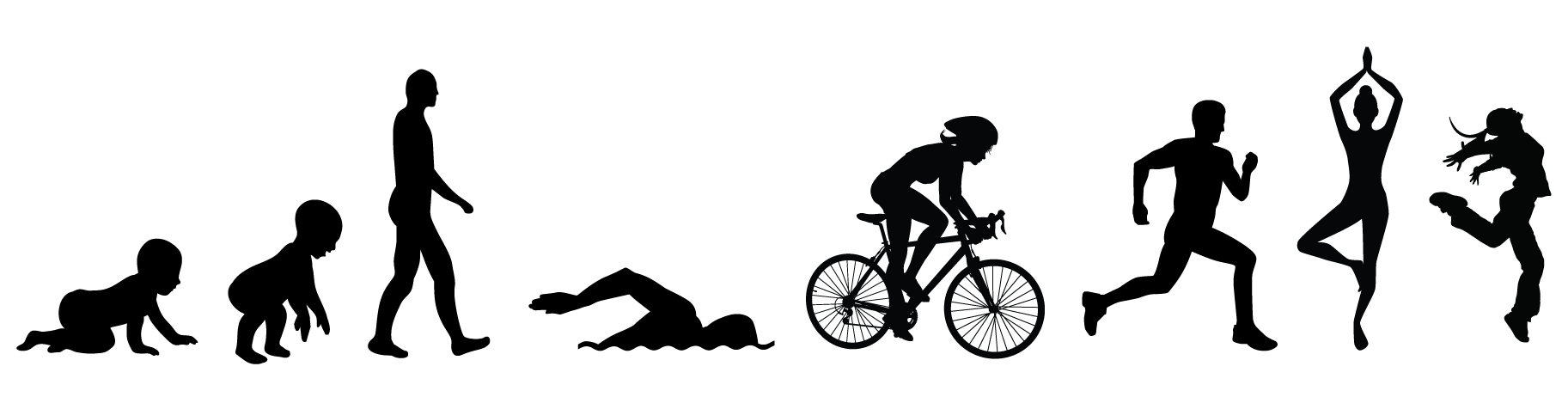 innerVelocity banner heading with individual black silhouettes from left to right of a crawling baby, a slightly standing baby, a walking man, a swimmer, a woman riding a bike, a running man, a woman in a standing yoga pose and a woman jumping for joy.